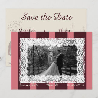 Rose et bordeaux rayure large invitation en dentel