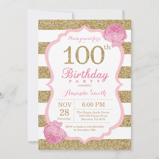 Rose et invitation d'anniversaire d'or 100th (Devant)