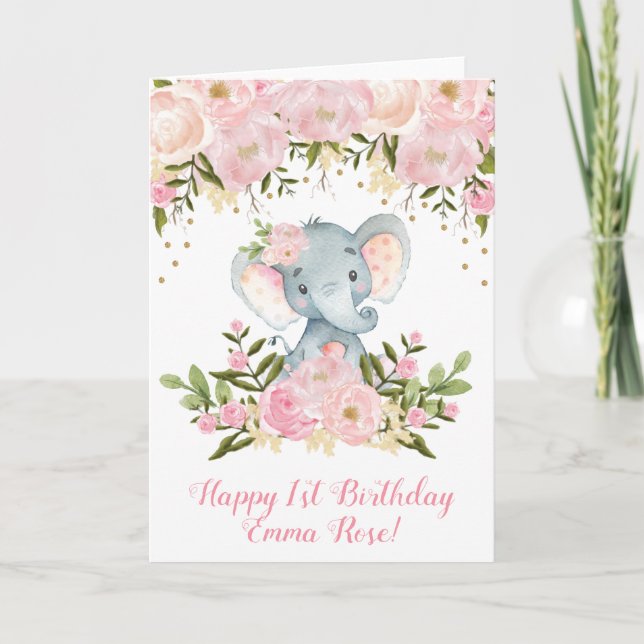 Rose et or de carte d'anniversaire d'éléphant (Devant)