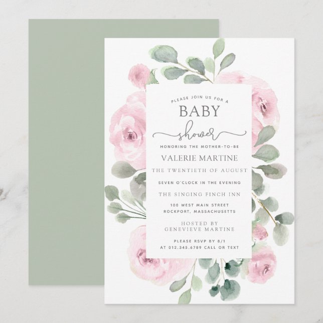 Rose Eukalyptus Botanische Babydusche Einladung (Vorne/Hinten)