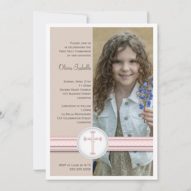 Rose fille | Invitation de la communion photo beig (Devant)