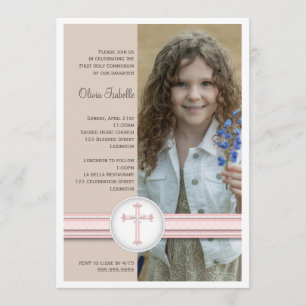 Rose fille   Invitation de la communion photo beig