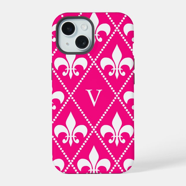 Rose Fleur de Lis mit Monogramm iPhone 15 Hülle (Rückseite)