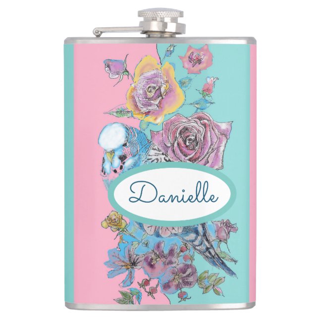 Rose Flora Rose Budgie Bird Weibchen Pink Aqua Flachmann (Vorderseite)