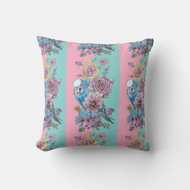 Rose Flora Rose Budgie Bird Weibchen Pink Aqua Kissen (Vorderseite)