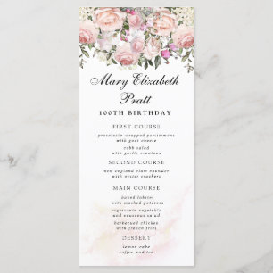 Rose Floral 100. Geburtstagskarte Menükarte