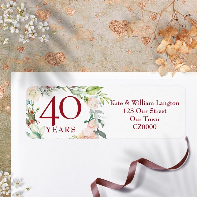 Rose Floral 40. Ruby Wedding Anniversary Address (Roses Floral 40th Ruby Wedding Anniversary Address Label)