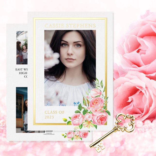 Rose Floral 4 Foto Collage Gold Frame Abschluss Folieneinladung (Von Creator hochgeladen)
