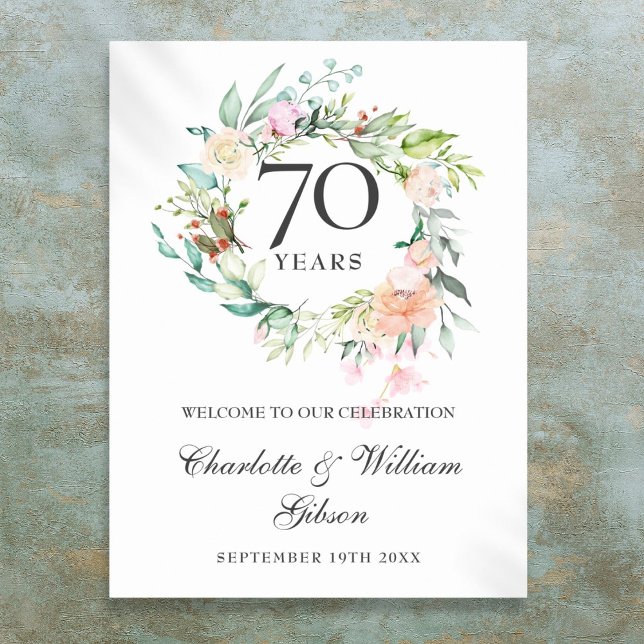 Rose Floral 70e Mariage Affiche de bienvenue anniv (Roses Floral 70th Wedding Anniversary Welcome Sign)