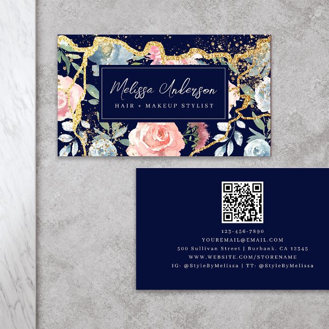 Rose Floral Agate Gold Glitzer QR Code Visitenkarte (Von Creator hochgeladen)