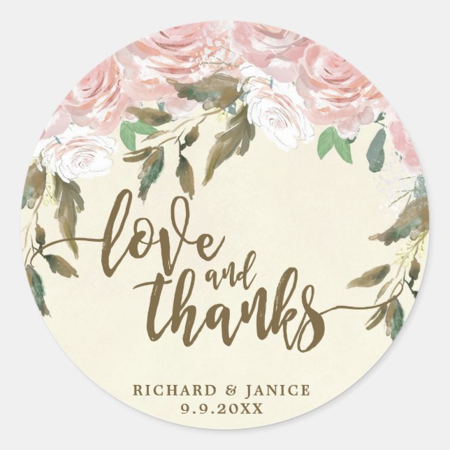 rose floral amour et merci faveurs sticker mariage (Devant)