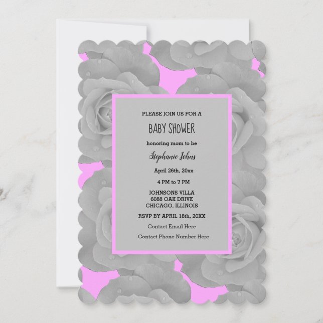 Rose Floral Baby Shower Baby Girl Pink Grau Custom Einladung (Vorderseite)