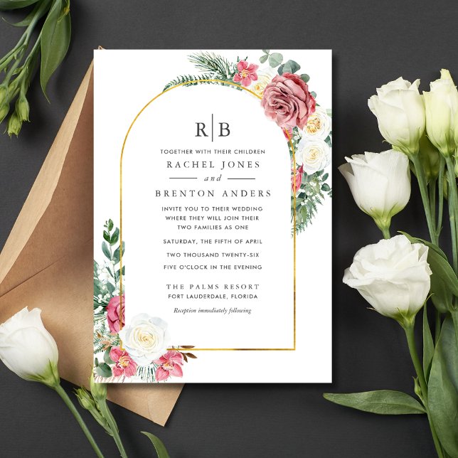 Rose Floral Blended Family Monogram Wedding Einladung (Rose Floral Blended Family Monogram Wedding Invitation)
