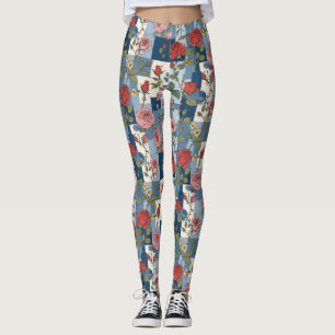 Rose Floral Blue Jean Denim Patchwork Retro Leggings