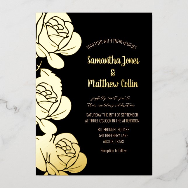 Rose Floral Boho Black Gold Foil Hochzeit Folieneinladung (Vorderseite)