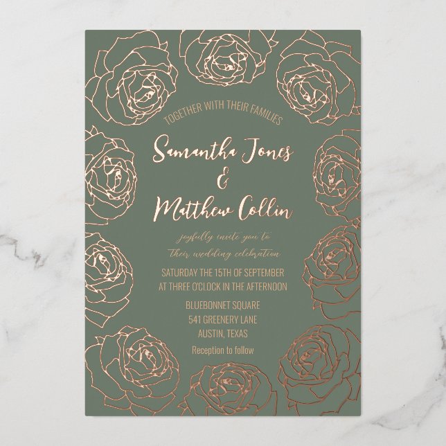 Rose Floral Boho Sage Green Gold Hochzeit Folieneinladung (Vorderseite)