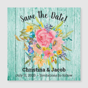 Rose Floral Bouquet Aqua Save the Date Magnetkarte