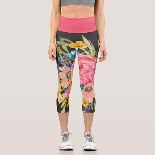 Rose Floral Bouquet Capri Leggings (Vorderseite)