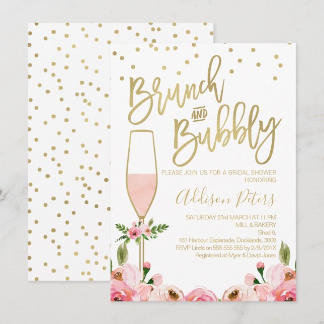 Rose Floral Brunch Bubbly Bridal Shower Invitation (Devant / Derrière)