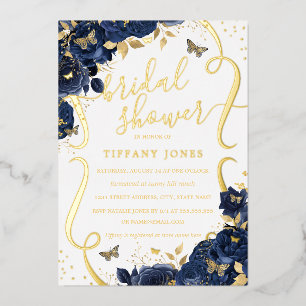 Rose Floral Butterfly Navy Gold Braut Dusche  Folieneinladung