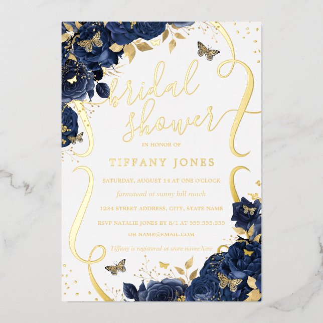Rose Floral Butterfly Navy Gold Brautparty Folieneinladung (Vorderseite)