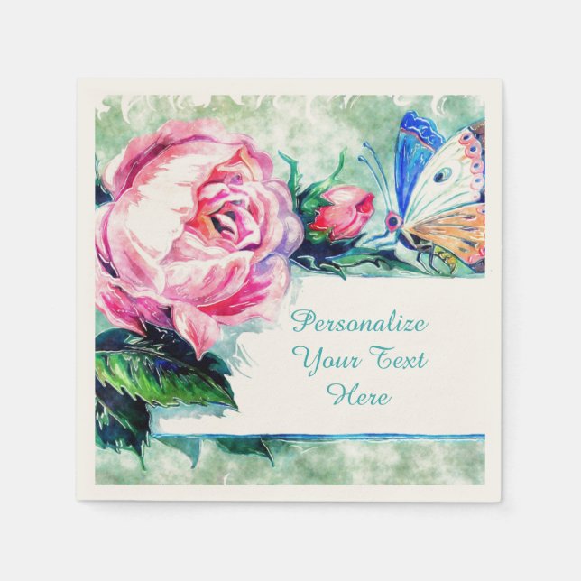 Rose Floral & Butterfly Wasserfarbe personalisiere Serviette (Vorderseite)