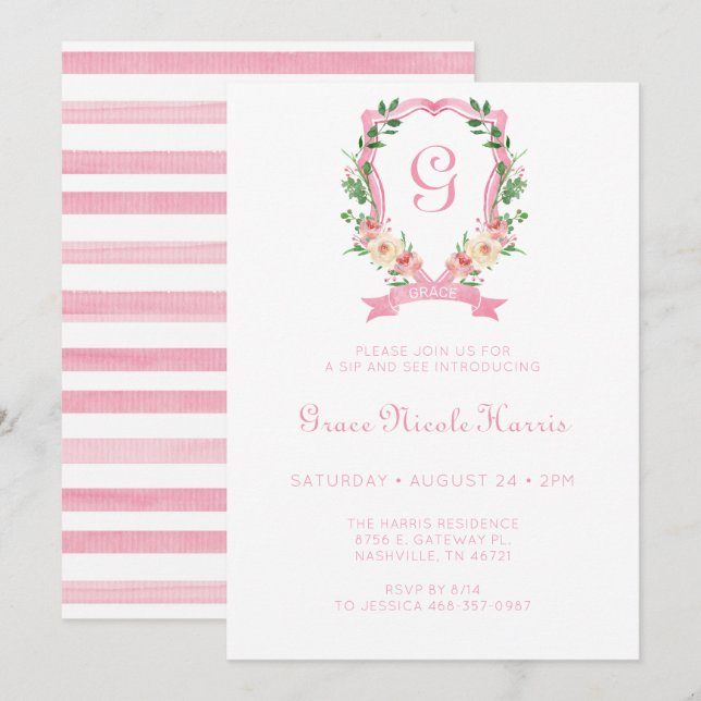 Rose Floral Crest Girl Sip Et Voir Invitation (Devant / Derrière)