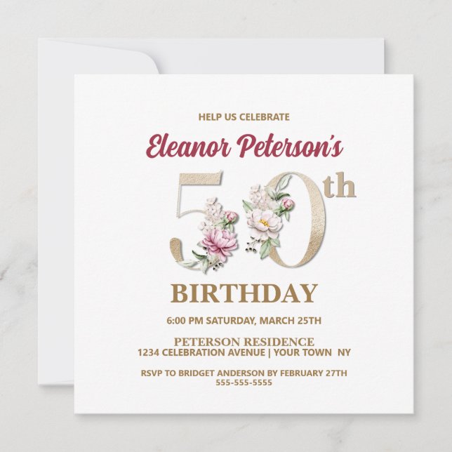 Rose Floral E 50th Birthday Party Invitation (Devant)