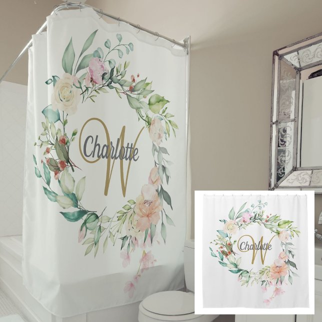 Rose Floral Elegante Gold Script Monogram Duschvorhang (Roses Floral Elegant Gold Script Monogram Shower Curtain)