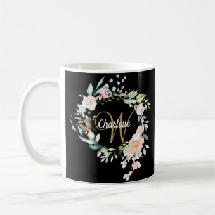 Rose Floral Elegante Script Monogram Gold Black Kaffeetasse