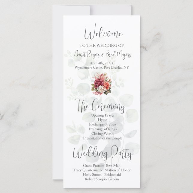 Rose Floral Eucalyptus Programme de mariage (Devant)
