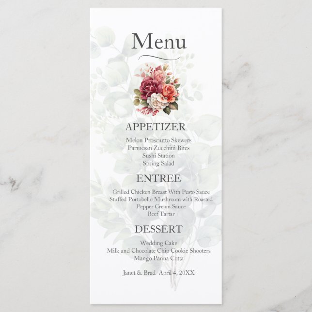 Rose Floral Eukalyptus Wedding Menu Menükarte (Vorderseite)