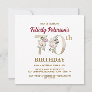 Rose Floral F 70e Anniversaire Fête Invitation