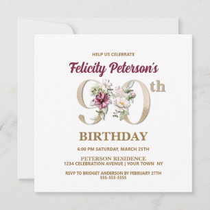Rose Floral F 90e Anniversaire Fête Invitation