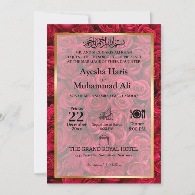 Rose Floral Gold bildet einen Rahmen für islamisch Einladung (Vorderseite)