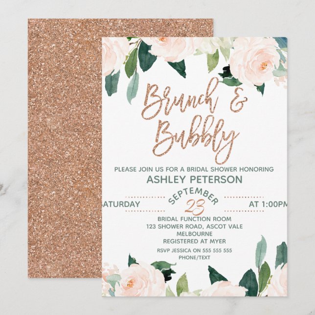 Rose Floral Gold Brunch Invitation de la mariée (Devant / Derrière)