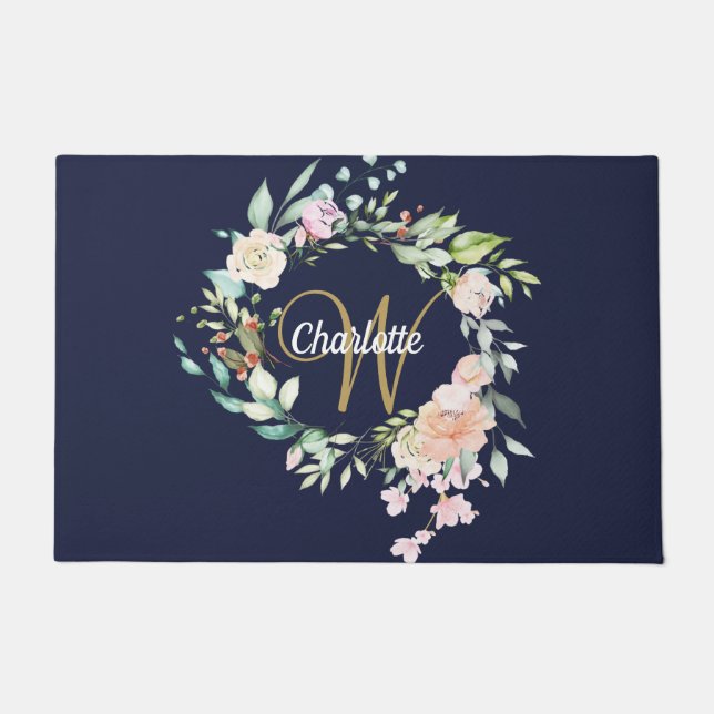 Rose Floral Gold Script Monogram Navy Blue Fußmatte (Vorderseite)