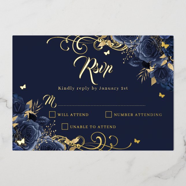 Rose Floral Gold Swirl Gold Quinceanera Folieneinladung (Vorderseite)