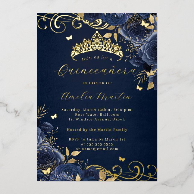 Rose Floral Gold Swirl Quinceanera Folieneinladung (Vorderseite)