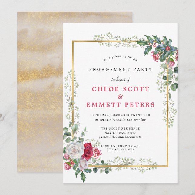 Rose Floral Holly Engagement Party Einladung (Vorne/Hinten)