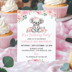 Rose Floral Koala Girl Anniversaire Invitation