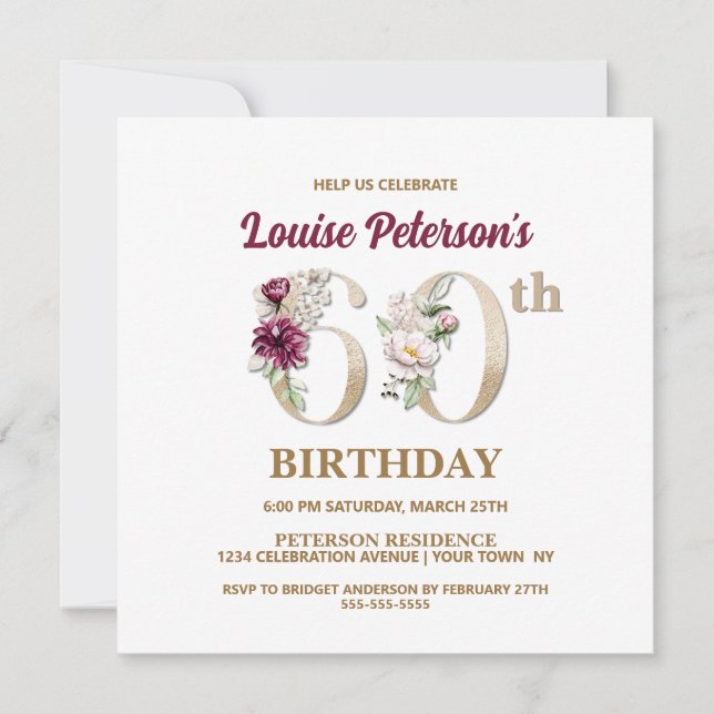 Rose Floral L 60e Anniversaire Fête Invitation (Devant)