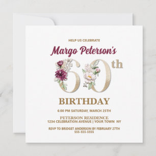 Rose Floral M 60e Anniversaire Fête Invitation