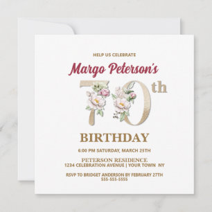 Rose Floral M 70e Anniversaire Fête Invitation