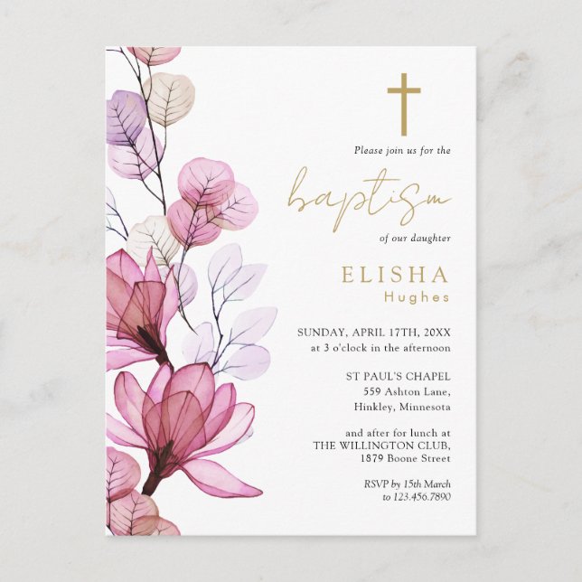 Rose Floral Monogramm Taufe Einladung Postkarte (Vorderseite)