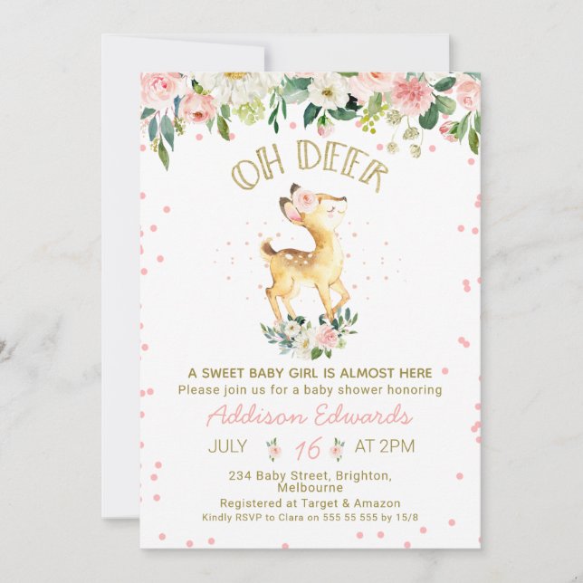 Rose Floral Oh Deer Girls Baby shower Invitation (Devant)