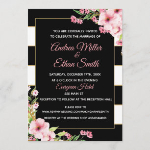 Rose floral or noir blanc Faire-part de mariage