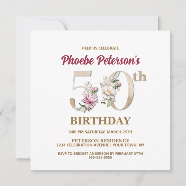 Rose Floral P 50e Anniversaire Fête Invitation (Devant)