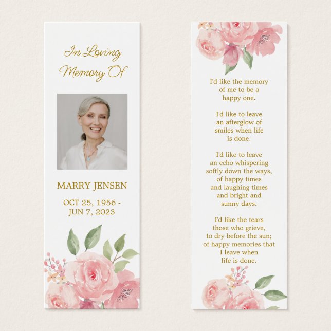 Rose Floral Photo Funeral Memorial Bookmark (Vorne & Hinten)