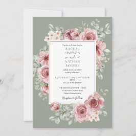 Rose Floral QR Code Sage Green Wedding Einladung